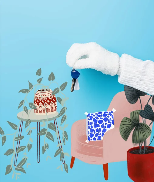 Cropped view of woman in white glove holding key near armchair and plants illustration on blue — Stock Photo