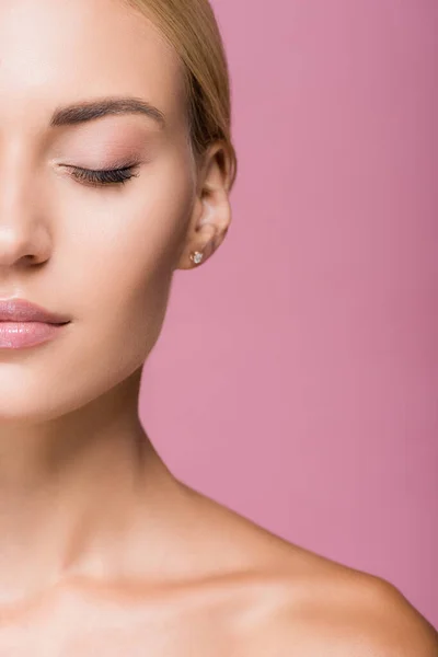 Cropped view of beautiful blonde woman with perfect skin isolated on pink — Stock Photo