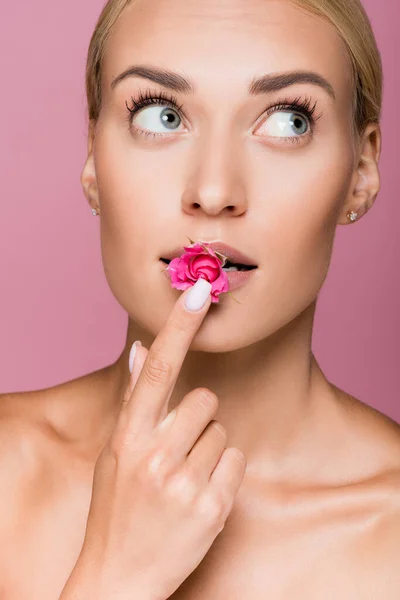 Belle femme blonde à la peau parfaite et fleur rose dans la bouche isolée sur rose — Photo de stock