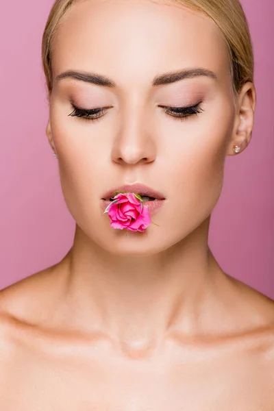 Schöne blonde Frau mit perfekter Haut und Rosenblüte im Mund isoliert auf rosa — Stockfoto