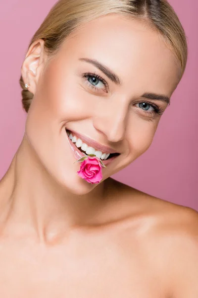 Sonriente hermosa mujer rubia con la piel perfecta y rosa flor en la boca aislado en rosa - foto de stock