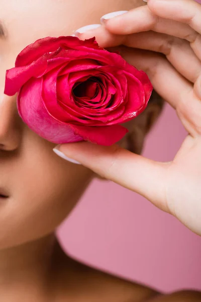 Primo piano di donna con fiore di rosa su occhio isolato su rosa — Foto stock