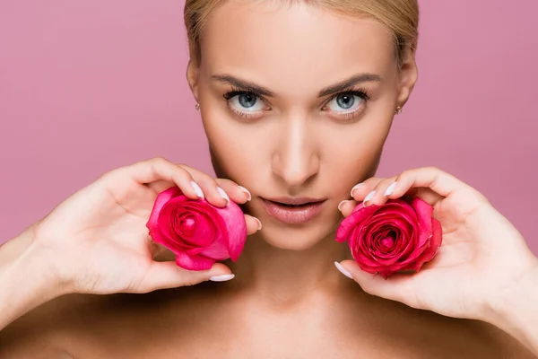Hermosa mujer rubia con flores de rosas aisladas en rosa - foto de stock