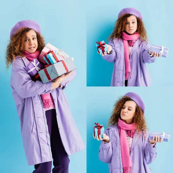 Collage of confused young woman holding wrapped presents on blue — Stock Photo