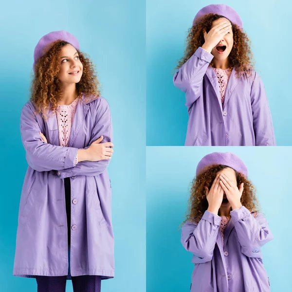 Collage di giovane donna in cappotto invernale e basco distogliendo lo sguardo e coprendo il viso sul blu — Foto stock