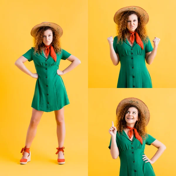 Collage of dissatisfied woman in green dress standing with hands on hips, showing clenched fists and pointing with finger while smiling on yellow — Stock Photo