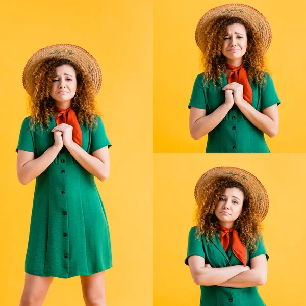 Collage of sad curly woman in straw hat and green dress standing with clenched hands on yellow — Stock Photo