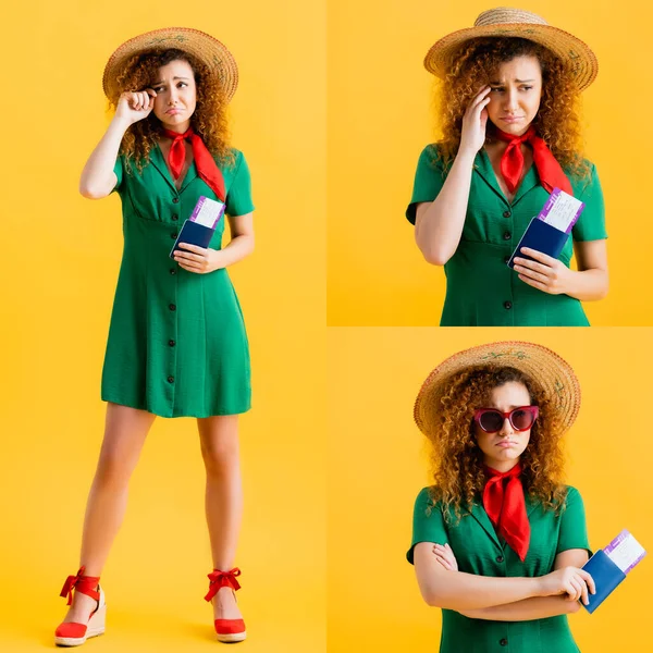 Collage of sad curly woman in straw hat and green dress holding passport and crying on yellow — Stock Photo