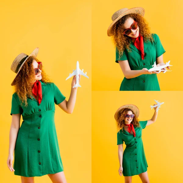 Collage di giovane donna in cappello di paglia e occhiali da sole in possesso di aereo giocattolo su giallo — Foto stock