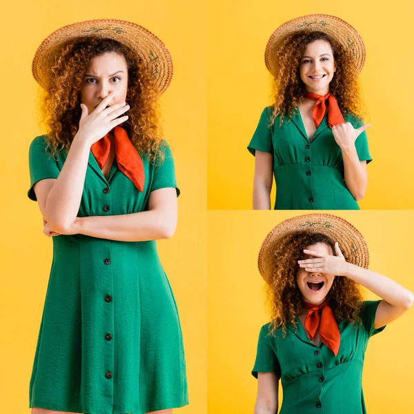 Colagem de jovem mulher encaracolado em chapéu de palha e vestido verde cobrindo olho e boca, apontando com o polegar no amarelo — Fotografia de Stock