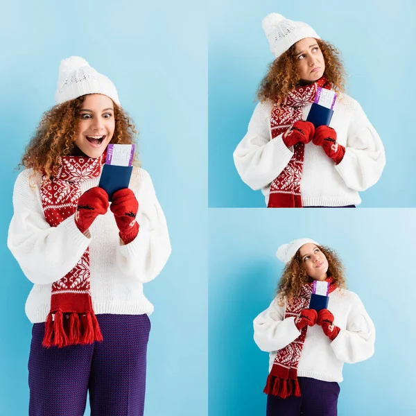 Collage of curly young woman in hat and sweater holding passport on blue — Stock Photo