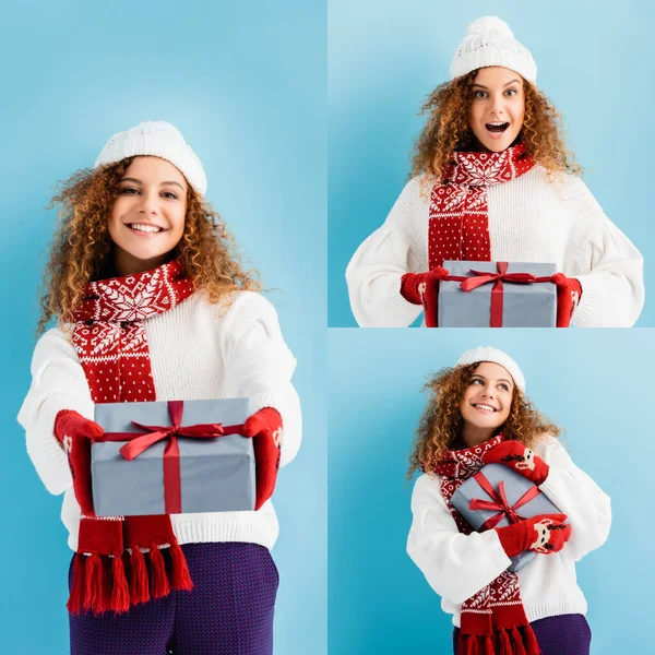 Collage of cheerful woman in hat and mittens holding wrapped gift box on blue — Stock Photo