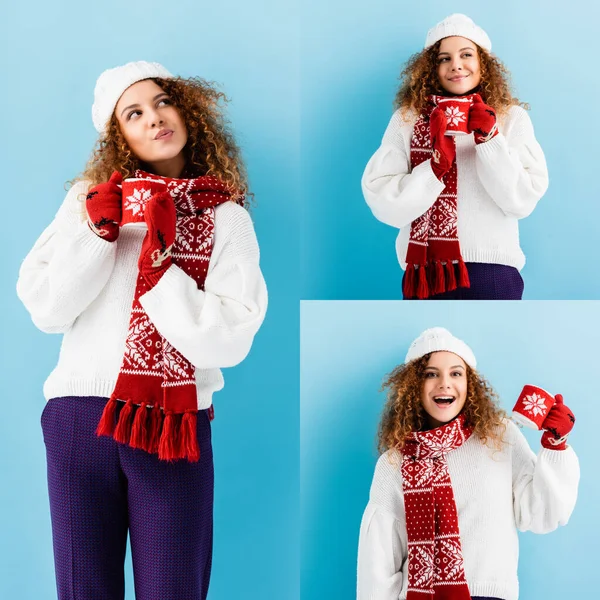 Collage of curly young woman in hat and sweater holding cup of tea in knitted holder on blue — Stock Photo