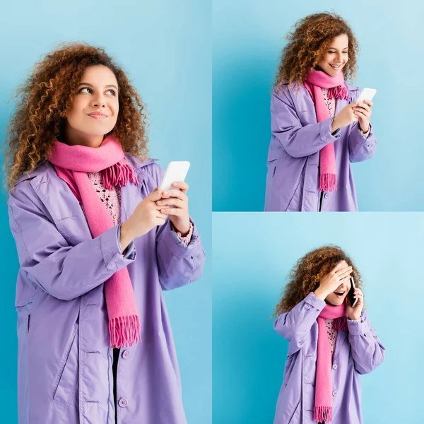 Collage einer glücklichen jungen Frau in Wintermantel und rosafarbenem Strickschal, die SMS schreibt und auf dem Smartphone auf blau spricht — Stockfoto
