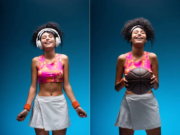 Collage of smiling woman in sportswear holding basketball and listening music in wireless headphones on blue — Stock Photo