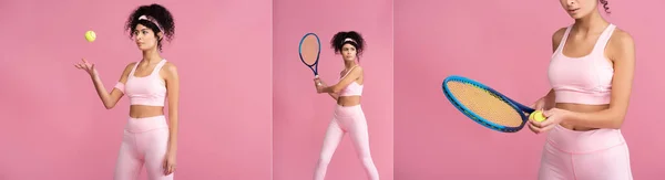 Colagem de jovem esportista encaracolado segurando raquete de tênis enquanto joga isolado em rosa — Fotografia de Stock