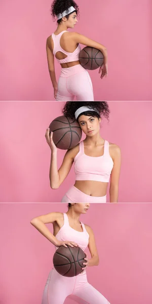 Collage de rizado joven mujer celebración de baloncesto en rosa - foto de stock