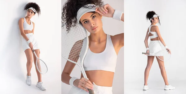 Colagem de jovem jogador em sportswear segurando raquete de tênis, ajustando o boné e olhando para a câmera no branco — Fotografia de Stock