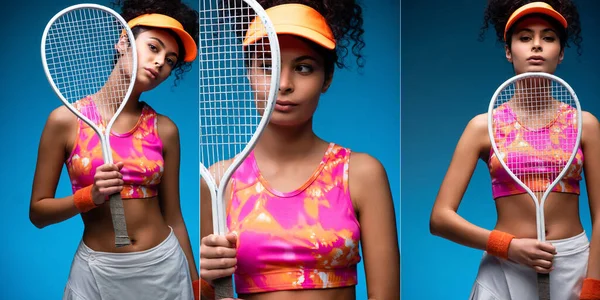 Коллаж спортивной молодой женщины в кепке, держащей теннисную ракетку на голубом — стоковое фото