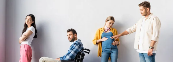 Multicultural people, pregnant woman and disabled man waiting in hall, banner — Stock Photo