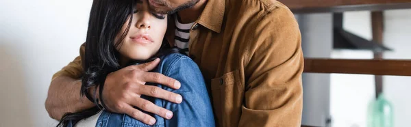 Man in casual clothes embracing sensual brunette woman, banner — Stock Photo