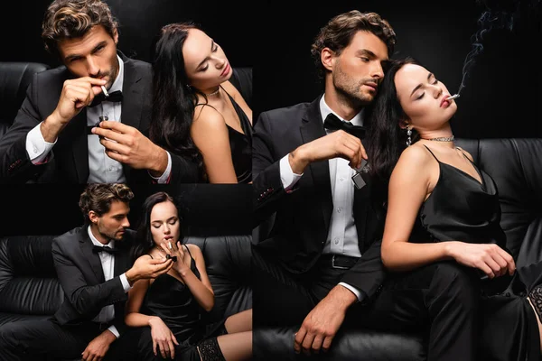 Collage di elegante coppia appassionata fumante seduta sul divano in pelle nero — Foto stock