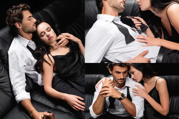 Colagem de mulher sexy em vestido de cetim e homem com vidro de uísque no sofá de couro isolado em preto — Fotografia de Stock