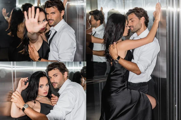 Коллаж сексуальной женщины, показывающей стоп-жест перед камерой и обнимающейся с элегантным мужчиной в лифте — стоковое фото