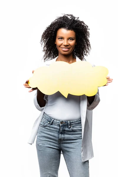 African american woman with speech bubble looking at camera isolated on white — Stock Photo