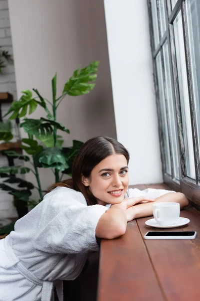 Mujer adulta joven soñadora sentada cerca de la ventana y mirando a la cámara con la cabeza en las manos en la sala de estar - foto de stock