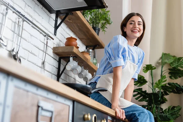 Low angle view of smiling young adult woman in apron sitting in modern kitchen — Stock Photo