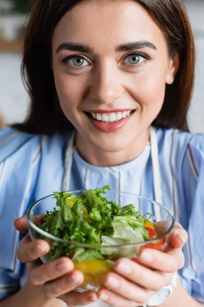 Ritratto di giovane donna adulta sorridente che tiene l'insalata di verdure fresca nelle mani su sfondo sfocato — Foto stock