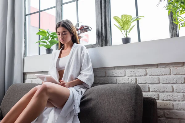 Junge erwachsene Frau im Bademantel auf der Couch sitzend und im modernen Wohnzimmer auf Tablet schauend — Stockfoto