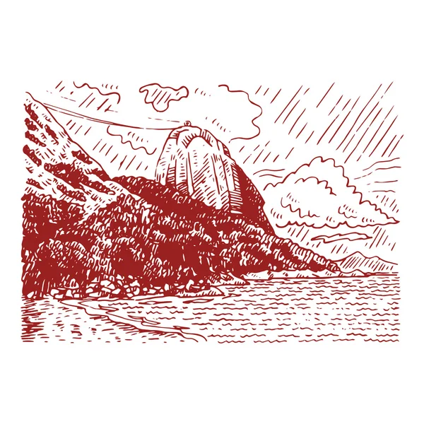 La montaña Pan de Azúcar y la bahía de Guanabara en Río de Janeiro, Brasil . — Vector de stock