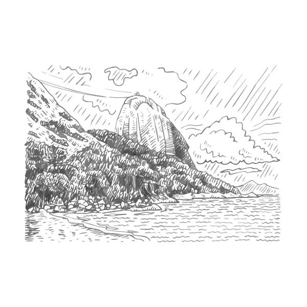 La montaña Pan de Azúcar y la bahía de Guanabara en Río de Janeiro, Brasil . — Vector de stock