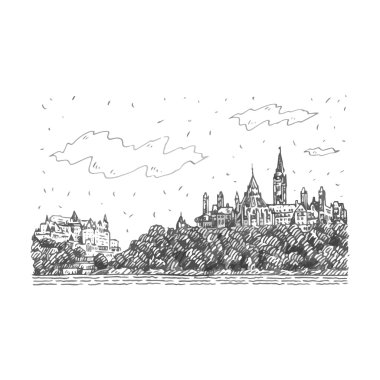 Parlamento Hill ve Ottawa, Kanada'daki Fairmount Chateau görünümü. 