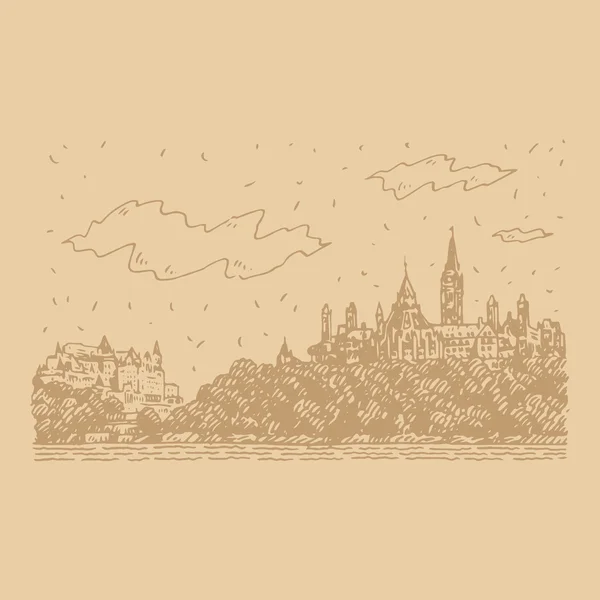 View of Parliament Hill and the Fairmount Chateau in Ottawa, Canada. — Stock Vector