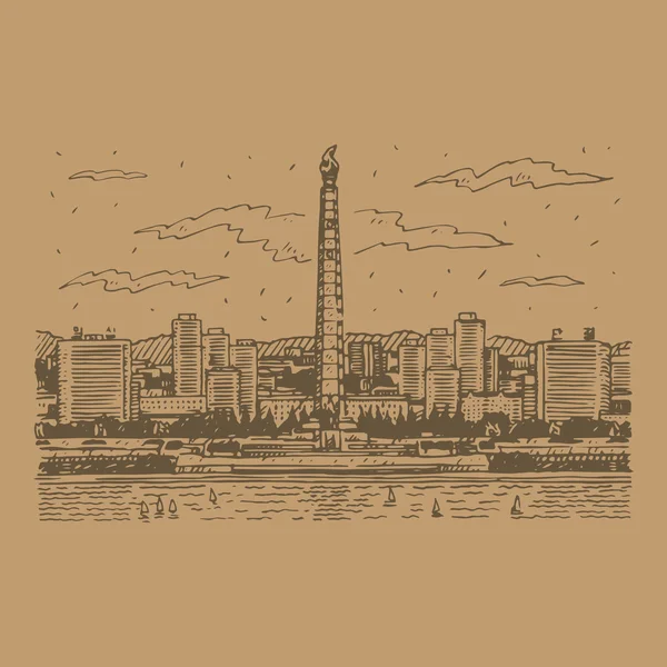 La Torre Juche es un monumento en Pyongyang, la capital de Corea del Norte . — Archivo Imágenes Vectoriales