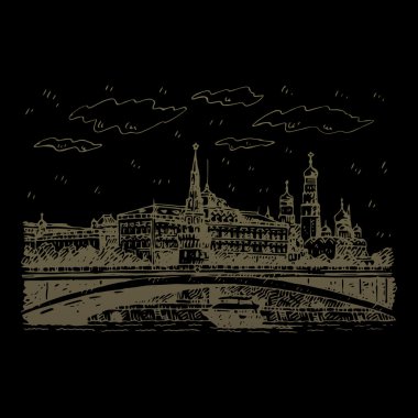 Bolshoy Kamenny köprüde Moskova Nehri ve Moskova, Rusya Kremlin görünümünü.