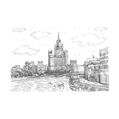 Moskova cityscape. Kotelnicheskaya dolgu yüksek katlı bina görünümünü.
