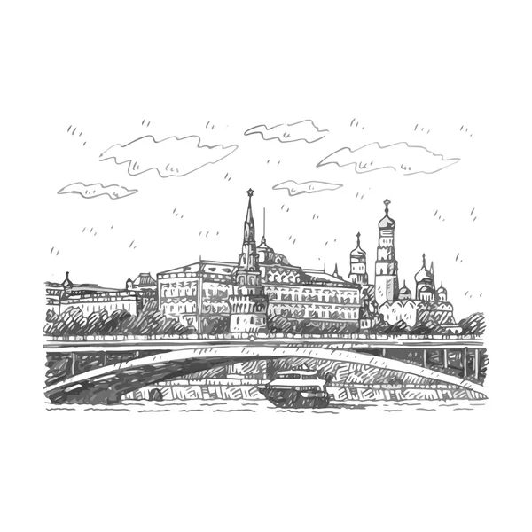 Nézd Bolshoy Kamenny híd a Moszkva-folyó és a Kreml-Moszkva, Oroszország. — Stock Vector