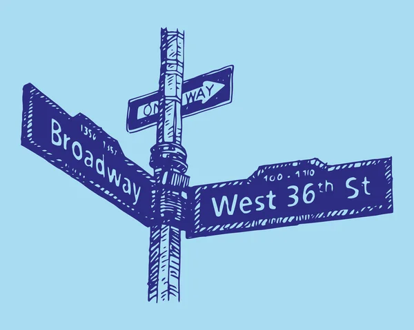 브로드 웨이 웨스트 36 번 맨하탄, 뉴욕, 미국에서에서의 코너에 거리 표지판. — 스톡 벡터