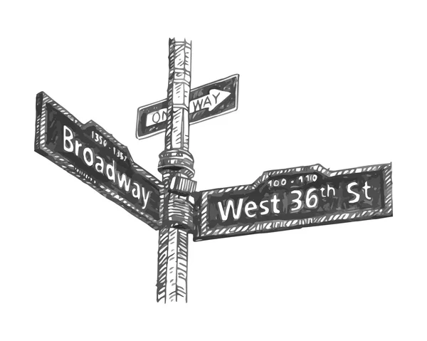 Señal de calle en la esquina de Broadway y West 36th Street en Manhattan, Nueva York, EE.UU. . — Archivo Imágenes Vectoriales