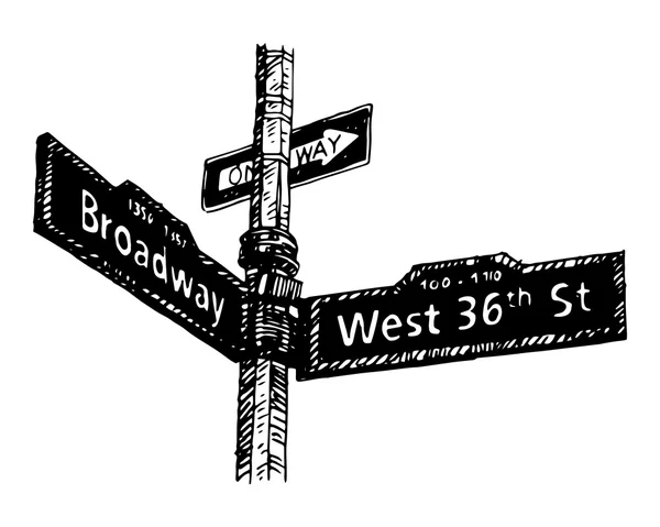 Utcatábla a sarkán Broadway és West 36th Street, Manhattan, New York City, Amerikai Egyesült Államok. — Stock Vector