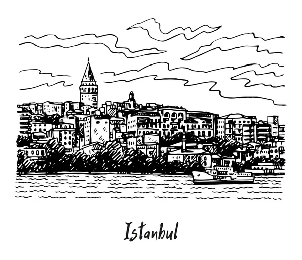 Karakoy a Galatská věž od Bosphorus, Istanbul, Turecko. — Stockový vektor