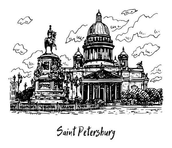 Catedral de San Isaac y el Monumento al Emperador Nicolás I en San Petersburgo, Rusia . — Vector de stock