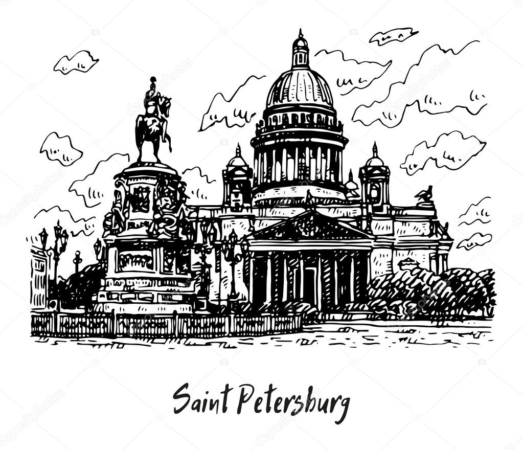 Saint Isaac Cathedral and the Monument to Emperor Nicholas I in Saint Petersburg, Russia. 
