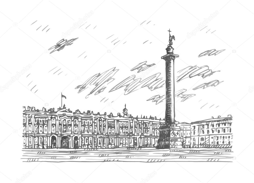 View of Winter Palace and Alexander Column on Palace Square in St. Petersburg, Russia.