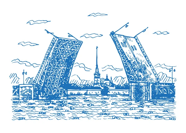 Blick auf die Palastbrücke mit Peter-und-Paul-Festung - Symbol der Heiligen Peterburg, Russland. Stockillustration