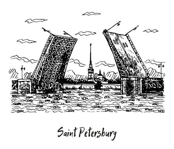 Vista del Puente del Palacio con la Fortaleza de Pedro y Pablo - símbolo de San Petersburgo, Rusia . Ilustración de stock